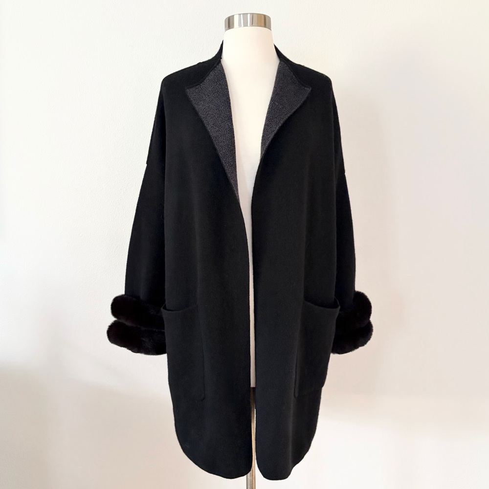 J. McLaughlin Fur Cuff Cashmere Wool Cardigan Sweater Black Large L